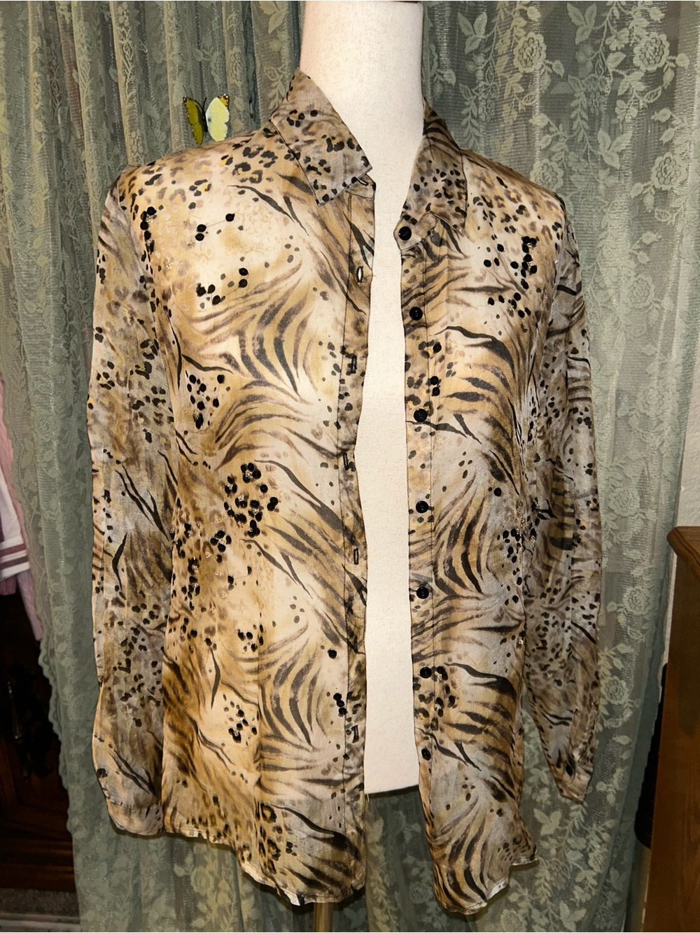 100% Silk Women’s Sheer Animal Print Button-Up Shirt with Beading and Sequins